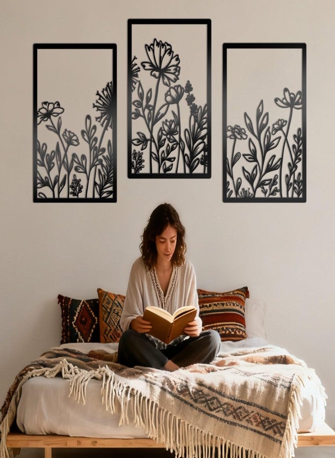 Bnesi 3 Pack Black Metal Wall Art Decor Minimalist Wall Decor for Bedroom Flower Line Sculpture Art Bedroom Wall Decor Flowers Decor Hanging Flower Bathroom Gift for Nature Lover (Abundant, Medium) - Image 4